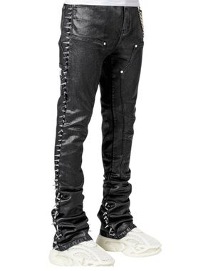 Guapi OBSIDIAN Men's Black Slim Leather-Effect Jeans with Side Stud Detail